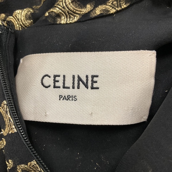 CELINE BLACK / GOLD METALLIC FALL WINTER 2022 TRIOMPE LOGO TIE NECK SILK DRESS - Picture 4 of 7